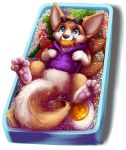  2018 alpha_channel ambiguous_gender bento bento_box blue_eyes bottomless canine chibity clothed clothed_feral clothing corgi cute dog eyewear featureless_crotch feral fluffy food fur hi_res lying mammal on_back pawpads paws simple_background solo spread_legs spreading sunglasses sweater transparent_background 