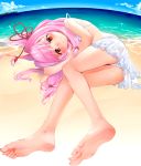  1girl barefoot beach bikini blush feet hair_ornament kotonoha_akane long_hair looking_at_viewer lying on_side pink_hair pov red_eyes soles swimsuit toes voiceroid 