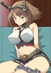  1girl bare_arms bare_legs bare_shoulders belt blush breasts brown_hair chains closed_mouth collar couch headgear highres indoors kantai_collection large_breasts legs looking_at_viewer midriff miniskirt mutsu_(kantai_collection) nanokah2 short_hair sitting skirt smile solo thighs yellow_eyes 