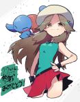  aqua_shirt bare_shoulders blue_(pokemon) breasts brown_eyes brown_hair closed_mouth cowboy_shot cropped_legs eyebrows_visible_through_hair eyes_visible_through_hair gen_1_pokemon hand_on_hip hat highres long_hair medium_breasts miniskirt pokemon pokemon_(creature) pokemon_(game) pokemon_frlg red_skirt shirt skirt smile squirtle straight_hair super_smash_bros. super_smash_bros._ultimate tank_top tenioha white_hat wristband 