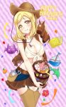  barrel boat book breasts brown_legwear brown_skirt brown_vest candy canteen cleavage confetti cowboy_hat cowboy_shot dated demon dolphin flower food fringe_trim front-tie_top fruit garter_straps green_eyes happy_birthday hat holding imp instrument looking_at_viewer love_live! love_live!_sunshine!! mandarin_orange matsumoto_(starbright_mary) medium_breasts medium_hair midriff mini_piano ohara_mari piano pouch red_flower skirt smile solo star_hat_ornament striped striped_background stuffed_horse thighhighs vertical-striped_background vertical_stripes vest watercraft western zettai_ryouiki 