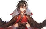  black_gloves brown_cape cape crossed_arms fingerless_gloves gloves japanese_clothes kimono looking_at_viewer male_focus original red_kimono simple_background smile solo tsugutoku white_background 