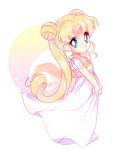  2rott_(peha) bangs bishoujo_senshi_sailor_moon blue_eyes chibi double_bun dress dress_grab facial_mark forehead_mark full_body long_hair parted_bangs princess_serenity solo sparkle tsukino_usagi very_long_hair white_dress 