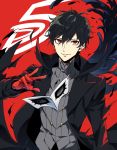  amamiya_ren black_hair coat gloves highres male_focus mask mask_removed persona persona_5 red_background red_eyes red_gloves shivue smile solo torn_clothes 