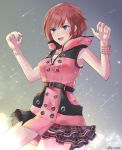  :d absurdres asymmetrical_clothes bangs belt belt_buckle black_belt blue_eyes bracelet breasts buckle buttons cowboy_shot dress eyebrows_visible_through_hair highres hood jewelry kairi_(kingdom_hearts) kingdom_hearts kingdom_hearts_iii medium_breasts necklace open_mouth pleated_dress protected_link red_hair short_dress sleeveless sleeveless_dress smile solo twitter_username xyunasqex zipper zipper_pull_tab 