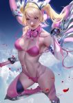  artist_name bare_shoulders blonde_hair blue_eyes bow bridal_gauntlets cloud flying from_above gloves lips long_hair mechanical_halo mechanical_wings mercy_(overwatch) navel overwatch parted_lips petals pink pink_mercy skindentation sky solo sweat twintails wings zumi_(zumidraws) 