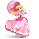  3d absurdres blonde_hair blue_eyes crown dress earrings elbow_gloves eyelashes frills full_body gloves highres huge_filesize jewelry long_hair looking_at_viewer mario_(series) official_art open_mouth parasol pink_dress princess_peach smile solo standing super_mario_bros. super_smash_bros. super_smash_bros._ultimate transparent_background umbrella white_gloves 