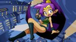  1girl alternate_costume blue_eyes boots breasts building city cleavage dark_skin gun highres midriff navel open_mouth patricia_wagon_(cosplay) pistol pointy_ears ponytail purple_hair shantae_(character) shantae_(series) short_shorts shorts sky smile solo tank_top wristband 