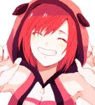  ^_^ bangs blush breasts cleavage closed_eyes grin hood kairi_(kingdom_hearts) kingdom_hearts kingdom_hearts_iii medium_breasts ramochi_(auti) red_hair short_hair simple_background smile solo swept_bangs upper_body white_background 