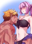  1girl alternate_hairstyle beowulf_(fate/grand_order) bikini bikini_pull black_bikini blonde_hair blue_background blush breasts cleavage fate/grand_order fate_(series) florence_nightingale_(fate/grand_order) front-tie_bikini front-tie_top hetero large_breasts long_hair looking_at_another mijinko_(83nabe) mouth_hold muscle navel partially_visible_vulva pink_eyes pink_hair ponytail scar shiny shiny_skin shirtless simple_background sketch swimsuit tan torso_grab undressing 