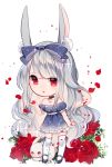  bangs bare_arms bare_shoulders bow bunny bunny_ears chibi choker collarbone commission dress flower grey_hair hair_bow hair_ribbon highres jewelry lilianei long_hair necklace open_mouth original red_eyes ribbon rose silver_hair thighhighs wavy_hair white_hair 