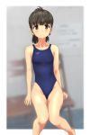  absurdres black_hair blue_swimsuit blurry blurry_background breasts brown_eyes competition_swimsuit feet_out_of_frame flat_chest highleg highleg_swimsuit highres long_hair looking_at_viewer one-piece_swimsuit original sitting solo speedo_(company) swimsuit takafumi 