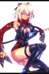  ahoge ass black_bow bow breasts commentary_request dark_skin fate/grand_order fate_(series) hair_between_eyes hair_bow large_breasts long_hair looking_at_viewer okita_souji_(alter)_(fate) okita_souji_(fate)_(all) silly_(marinkomoe) solo sword tied_hair very_long_hair weapon white_hair yellow_eyes 