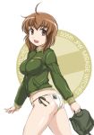  505th_joint_fighter_wing 505th_joint_fighter_wing_(emblem) ahoge ass bag brown_eyes brown_hair commentary cowboy_shot english eyebrows_visible_through_hair from_side green_jacket green_panties highres holding inufusa_yuno jacket long_sleeves looking_at_viewer open_mouth panties print_panties satchel short_hair side-tie_panties smile solo standing underwear wan'yan_aguda world_witches_series zipper 