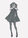  bad_id bad_twitter_id braid commentary_request dress eyebrows_visible_through_hair full_body greyscale hair_ribbon highres long_sleeves looking_at_viewer maruchi monochrome original ribbon short_hair solo thighhighs white_background wide_sleeves 
