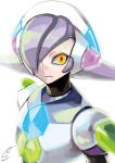  android capcom dated hair_over_one_eye headgear highres lavender_hair looking_at_viewer lumine male_focus power_armor rockman rockman_x rockman_x8 short_eyebrows signature simple_background solo sumomo upper_body white_background yellow_eyes 