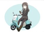  bangs black_footwear black_hair black_jacket black_legwear blue_eyes boots brown_gloves cigarette closed_mouth commentary elizabeth_f_beurling gloves ground_vehicle jacket long_hair long_sleeves looking_at_viewer motor_vehicle oval pantyhose riding scooter sitting smoking solo vehicle_request wan'yan_aguda world_witches_series yamaha yamaha_vino 