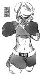  2015 abs anthro athletic boxing boxing_gloves bra breasts chest_tuft cleavage clothed clothing eyebrows eyelashes fangs female fur hair hyena kuuipo looking_at_viewer mammal muscular muscular_female navel sharp_teeth shorts smile smirk solo sport sports_bra spots spotted_hyena teeth text tuft underwear 