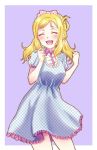  :d ^_^ alternate_hairstyle blonde_hair blue_dress blush bow breasts center_frills clenched_hands closed_eyes collared_dress cowboy_shot dress facing_viewer frilled_dress frills hair_bow hair_rings hands_up love_live! love_live!_sunshine!! matsumoto_(starbright_mary) medium_hair ohara_mari open_mouth pink_bow polka_dot polka_dot_bow polka_dot_dress purple_background short_sleeves sidelocks simple_background smile solo twintails 