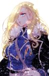  black_cape blonde_hair blue_eyes blue_jacket cape chino_machiko closed_mouth curly_hair fullmetal_alchemist fur_trim hair_over_one_eye hand_on_hip jacket long_hair medal military military_uniform olivier_mira_armstrong simple_background solo uniform upper_body white_background 