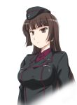  bangs black_hat black_jacket blunt_bangs brown_eyes brown_hair commentary_request dress_shirt eyebrows_visible_through_hair fading garrison_cap girls_und_panzer hat jacket kuromorimine_military_uniform light_frown long_hair long_sleeves looking_to_the_side military military_hat military_uniform nishizumi_shiho parted_lips red_shirt shirt simple_background solo standing straight_hair uniform upper_body wan'yan_aguda white_background younger 