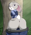  anthro anus clothed clothing disney female fur judy_hopps kierus lagomorph long_ears looking_back mammal open_mouth pants_down partially_clothed presenting presenting_anus presenting_pussy purple_eyes pussy rabbit solo tree zootopia 