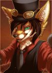  2018 anthro brown_background brown_hair bust_portrait canine chibity clothed clothing cybernetics cyborg eyewear fennec fennegan_linford_(character) fox fur goggles green_eyes hair hat machine male mammal necktie open_mouth open_smile portrait simple_background smile solo tan_fur teeth top_hat 