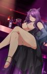  1girl areolae ass bar bare_shoulders black_dress breasts breasts_outside camilla_(fire_emblem_if) curvy dress drink exlic fire_emblem fire_emblem_if intelligent_systems large_breasts long_hair looking_at_viewer nintendo nipples parted_lips purple_eyes purple_hair sitting smile solo stool thighs tiara topless wide_hips 