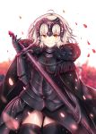  ahoge black_armor black_cape black_gloves black_legwear blonde_hair cape chain fate/grand_order fate_(series) flower fur_trim gloves grin headpiece highres holding holding_sword holding_weapon jeanne_d'arc_(alter)_(fate) jeanne_d'arc_(fate)_(all) lokyin_house looking_at_viewer petals red_flower red_rose rose short_hair smile solo sword thighhighs thighs weapon white_background yellow_eyes 