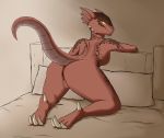  anthro anus argonian bed bedroom female inviting kierus nude pussy raised_tail rear_view scalie solo the_elder_scrolls video_games yellow_eyes 
