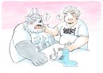  2017 anthro belly blush chubby_protagonist_(tas) clothing duo eyes_closed human japanese_text male mammal overweight overweight_male protagonist_(tas) s_ouo shirt simple_background text tokyo_afterschool_summoners tsathoggua 