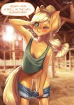  2018 anthro anthrofied applejack_(mlp) blonde_hair clothed clothing cowboy_hat dialogue digital_media_(artwork) earth_pony english_text equine female friendship_is_magic green_eyes hair hat horse long_hair looking_at_viewer mammal my_little_pony one_eye_closed partially_clothed pony pussy solo tawni_tailwind text wink 