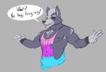  2018 anthro bisexual bisexuality canine chest_tuft clothed clothing dialogue digital_media_(artwork) english_text eye_patch eyewear female fur grey_background male mammal muscular nintendo nipple_piercing nipples open_mouth pecs piercing shirt simple_background solo speech_bubble star_fox tank_top text torn_clothing tuft video_games wkdart wolf wolf_o&#039;donnell 
