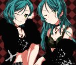  aqua_hair argyle argyle_background bang_dream! bekomaru_(pixiv5127042) black_bra black_choker black_jacket bra breasts camouflage camouflage_bra choker cleavage commentary_request earrings elbow_on_knee green_eyes grin head_rest highres hikawa_hina hikawa_sayo jacket jewelry knee_up long_hair long_sleeves looking_at_viewer multiple_girls navel off_shoulder one_eye_closed paint_stains pendant short_hair siblings sisters smile splatter_print twins underwear 