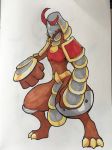  2017 3_toes 4_fingers alternate_color ambiguous_gender anthro armor athletic barefoot belt big_hands biped black_eyes breastplate brown_body claws clothed clothing crescent_(shape) digitigrade fak&eacute;mon faulds fist front_view frown full-length_portrait gauntlets gloves helmet hi_res kommo-o marker_(artwork) mfanjul midriff mixed_media nintendo pen_(artwork) plate_mail pok&eacute;mon pok&eacute;mon_(species) poleyn portrait reptile samurai samurai_armor scalie shadow simple_background snout solo spaulders spikes standing toe_claws toes toony traditional_media_(artwork) video_games white_background yellow_claws yellow_eyes 