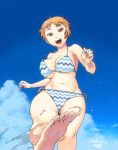  barefoot bikini blue_bikini blue_sky breasts brown_eyes brown_hair dated day large_breasts looking_at_viewer mole mole_on_breast navel open_mouth original short_hair side-tie_bikini sky smile soles solo splashing strap_gap swimsuit toes tsukudani_(coke-buta) tsurime tsurime-chan underboob very_short_hair 