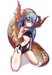  1girl a-tuy blue_hair bracelet female full_body kneeling monster_girl purple_eyes simple_background slit_pupils solo white_background 