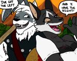  armor axe black_fur breasts canine chevron_fox cleavage clothed clothing english_text female fox fur grey_fur holden_(ridentem) latchkey_kingdom male mammal melee_weapon one_eye_closed scar shield smile teeth text tongue unknown_artist weapon white_fur white_iris 