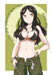  505th_joint_fighter_wing bangs bikini black_bikini black_hair bracelet breasts cleavage closed_mouth collarbone commentary constantia_cantacuzino dog_tags english green_background green_pants hand_on_hip highleg highleg_bikini highres jewelry light_frown long_hair looking_at_viewer medium_breasts navel outside_border pants solo standing string_bikini swept_bangs swimsuit unbuttoned_pants wan'yan_aguda world_witches_series yellow_eyes 