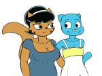  2018 anthro big_breasts black_and_white blue_fur breasts brown_fur cartoon_network cat clothed clothing crossover digital_media_(artwork) dress duo feline female flat_chested fur green_eyes hair hi_res looking_at_another mammal monochrome mrs._katswell nickelodeon nicole_watterson raised_eyebrows simple_background smile standing t.u.f.f._puppy the_amazing_world_of_gumball whiskers white_background zambs zeigram 