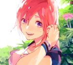  :d bangs breasts hair_between_eyes hand_in_hair hand_up jewelry kairi_(kingdom_hearts) kingdom_hearts kingdom_hearts_ii leaf medium_breasts medium_hair necklace open_mouth plant purple_eyes ramochi_(auti) red_hair smile solo teeth upper_body 