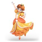  3d absurdres blue_eyes brown_hair crown dress earrings eyelashes flower flower_earrings frills full_body gloves highres jewelry long_hair looking_at_viewer mario_(series) official_art open_mouth orange_dress princess_daisy puffy_sleeves short_sleeves smile solo super_mario_bros. super_smash_bros. super_smash_bros._ultimate transparent_background 