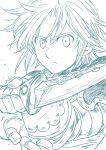  armor artist_name closed_mouth frown gauntlets greyscale harumiya holding holding_sword holding_weapon left-handed looking_at_viewer meliodas monochrome nanatsu_no_taizai solo sword upper_body weapon 