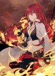  blazing_heart_(elsword) breasts cleavage coat commission elesis_(elsword) elsword fire highres jewelry lilianei long_hair navel necklace ponytail red_eyes red_hair sky upper_body 