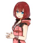  bangs blue_eyes breasts buttons closed_mouth dress eyebrows_visible_through_hair hair_between_eyes hands_together hood jewelry kairi_(kingdom_hearts) kingdom_hearts kingdom_hearts_iii looking_at_viewer medium_breasts meka_(77111994) necklace pink_dress red_hair simple_background sleeveless sleeveless_dress smile solo white_background zipper zipper_pull_tab 