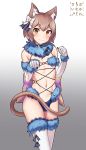  :3 animal_ears blue_choker blush brown_hair bulge cat_ears cat_tail choker commentary cosplay cowfee dangerous_beast elbow_gloves english_commentary eyebrows_visible_through_hair fate/grand_order fate_(series) felix_argyle fur-trimmed_gloves fur-trimmed_legwear fur_collar fur_trim gloves gradient gradient_background grey_background looking_at_viewer male_focus mash_kyrielight mash_kyrielight_(cosplay) navel o-ring otoko_no_ko paw_pose re:zero_kara_hajimeru_isekai_seikatsu revealing_clothes short_hair simple_background smile solo tail thighhighs translated white_background white_gloves yellow_eyes 