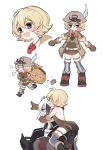  :&gt; :d backpack bag belt black_cape black_gloves blonde_hair blush boots brown_hat brown_jacket cape chibi child chino_machiko fangs gloves hat hat_feather jacket kneehighs looking_at_viewer lyza made_in_abyss multiple_girls open_mouth ozen purple_eyes purple_legwear running short_hair short_sleeves shorts simple_background smile standing standing_on_one_leg whistle white_background 