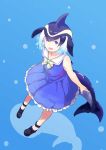  :d ankleband black_bow black_footwear black_hair blonde_hair blue_dress blue_eyes blue_hair bow bowtie bubble commentary_request common_dolphin_(kemono_friends) dolphin_tail dress eyebrows_visible_through_hair fins frilled_dress frills gradient_hair head_fins highres in_water kemono_friends looking_at_viewer multicolored_hair open_mouth sailor_collar shadow shoe_bow shoes short_hair sleeveless sleeveless_dress smile solo submerged tail_fin tamiku_(shisyamo609) white_hair yellow_neckwear 