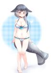  absurdres arms_at_sides barefoot bikini black_bow blue_eyes blush bow breasts cleavage flower groin hair_bow highres japari_symbol kanzakietc kemono_friends looking_at_viewer low_ponytail medium_breasts narwhal_(kemono_friends) narwhal_tail navel open_mouth short_hair_with_long_locks side_ponytail simple_background solo standing swimsuit thigh_gap 