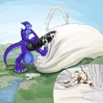  2017 4_toes anthro aquatic_dragon balls belly big_balls big_belly claws condom cum cum_inflation digital_media_(artwork) dragomoo dragon excessive_cum feet huge_balls hybrid hyper hyper_balls hyper_belly hyper_penis inflation kittykage macro male nude paws penis talan_(talan_strider) toe_claws toes white_claws 